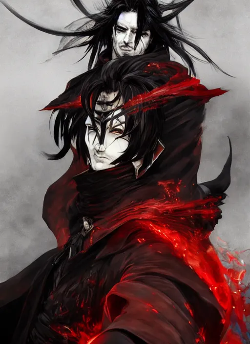 Image similar to Half body portrait of a handsome elf fire mage with long black hair wearing ornate scarlet robe, crazy grin, flame, anarchy. In style of Yoji Shinkawa and Hyung-tae Kim, trending on ArtStation, dark fantasy, great composition, concept art, highly detailed, dynamic pose.