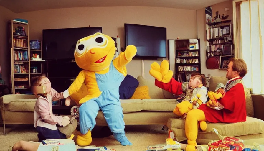 Prompt: 1990s candid 35mm photo of a beautiful day in the family living room, cinematic lighting, cinematic look, golden hour, a very large, oversized Japanese magical costumed toy salesman mascot is teleporting out of the TV and aggressively selling the family and kids toys by force, the costumed salesman is a very large giant, he has fancy decorations on his costume, there is a big toy in the living room with the family, toys in the room, UHD