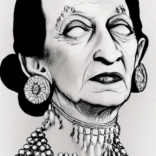 Image similar to pencil illustration of Diana vreeland highly detailed, cinematic,