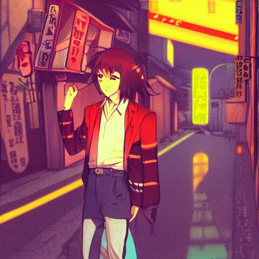 Image similar to salary man in small alley in golden gai, vaporwave nostalgia, commodore 6 4, visual novel cg, 8 0 s anime vibe, kimagure orange road, maison ikkoku, trending on artstation