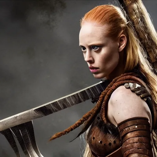 Image similar to deborah ann woll as a barbarian warrior in a dystopian future battleground