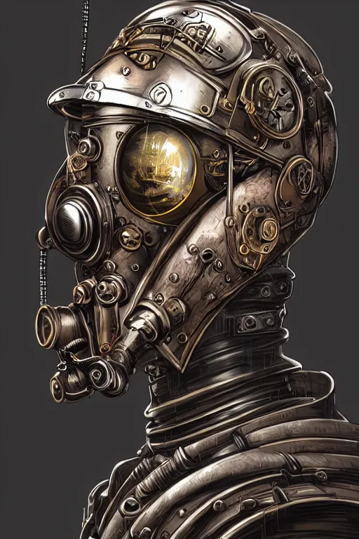 Image similar to steampunk helmet fantasy art mask robot ninja stylized digital illustration sharp focus, elegant intricate digital painting artstation concept art global illumination ray tracing advanced technology chaykin howard and campionpascale and cooke darwyn and davis jack