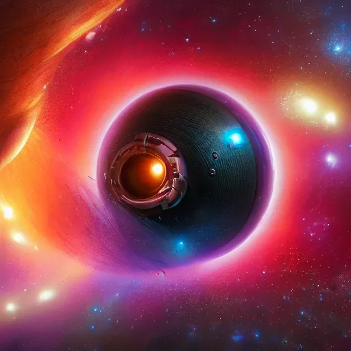 Image similar to glowing glorious 3D black hole in movie, intergalactic, space theme, galaxy colored, hyperdetailed, digital painting, trending on Artstation, cel-shading style, CG society, hyperdetailed, digital painting, hypermaximalist, golden ratio, volumetric, octane render, weta digital, micro details, 3d sculpture