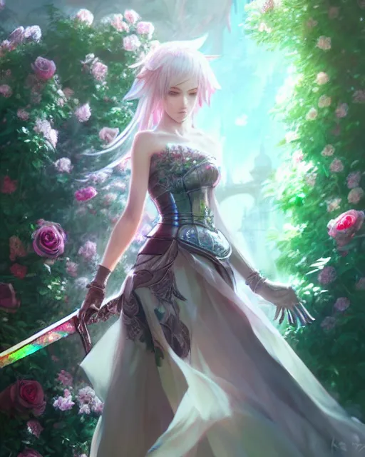 Image similar to an elegant lady surrounded by holographic swords in a garden full of roses, final fantasy, cushart krenz, cushart krenz, goddess, unreal engine, very detailed, realistic face, detailed face, matte, tonemapping, perfection, 4 k