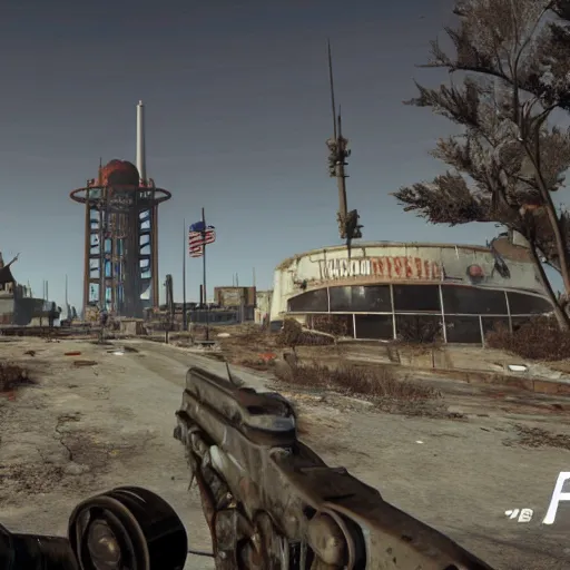 Image similar to kennedy space center in ruins post - nuclear war in fallout 4, in game screenshot