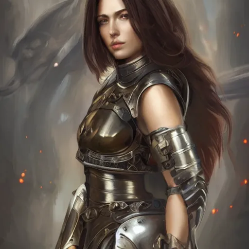 Image similar to a portrait of an attractive young woman, clothed in battle armor, olive skin, long dark hair, beautiful bone structure, symmetrical facial features, intricate, elegant, highly detailed, digital painting, trending on Artstation, concept art, smooth, sharp focus, illustration, in the style of artgerm and greg rutkowski and alphonse mucha
