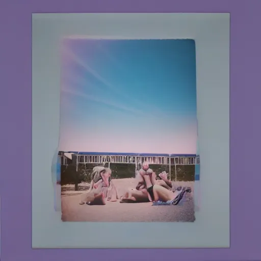 Prompt: a pastel colour high fidelity wide angle Polaroid art photo from a holiday album at a seaside with abstract inflatable parachute furniture, all objects made of transparent iridescent Perspex and metallic silver, a festival happens far in the distance, iridescence, nostalgic