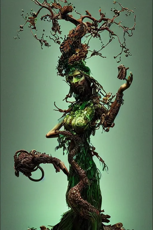 Prompt: epic 3 d oxossi, ifa deity, liquid hands and branches spinning, 2 0 mm, with brown and green water melting smoothly into herbs and mushrooms, fierce, shamanistic, intricate, houdini sidefx, trending on artstation, by jeremy mann and ilya kuvshinov, jamie hewlett and ayami kojima, 3 d bold