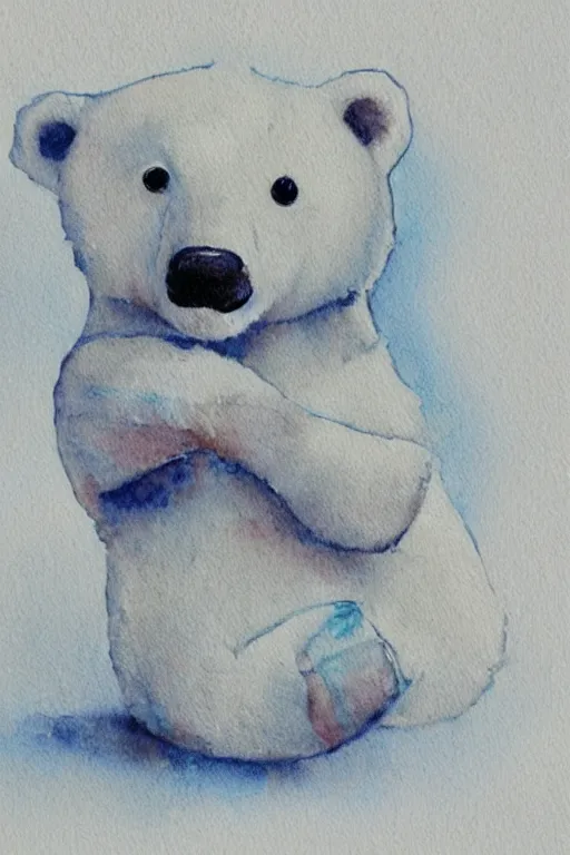 Image similar to a cute anime polar bear holding a porcelain, watercolor, white background, lovely