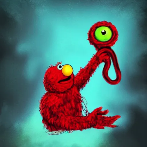 Prompt: Elmo as a lovecraftian god, tendrils and eyes