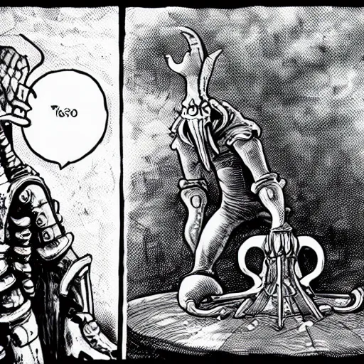 Prompt: squidward as a dark souls boss by Wally Wood