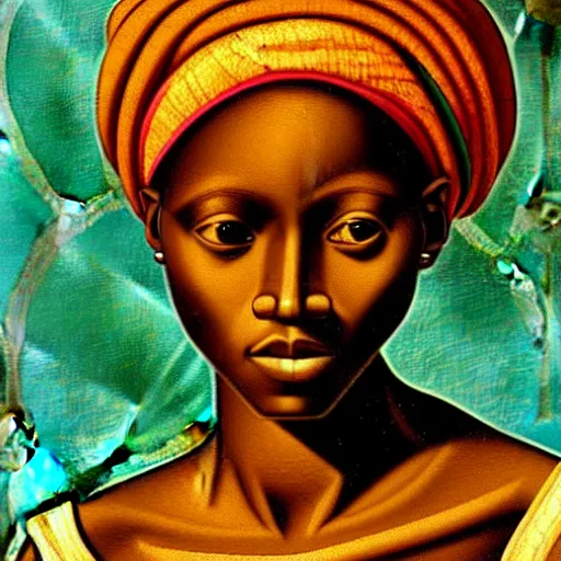 Image similar to fresco of an African woman, realistic, correct details, cosmic dynamic lighting, symmetrical face, accurate face, in the style of renaissance Michelangelo
