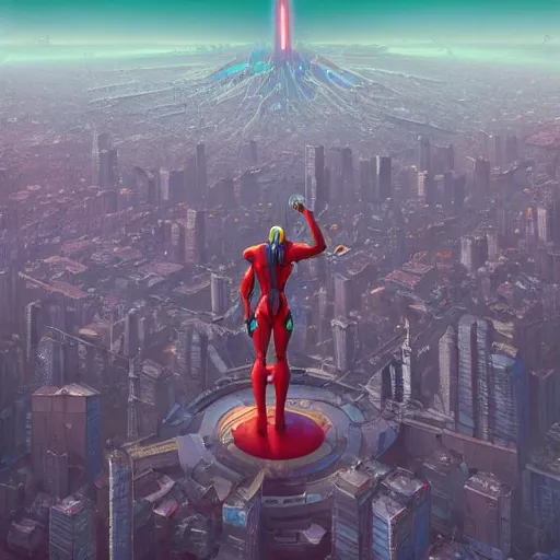 Prompt: giant evangelion stands over city by simon stalenhag, d & d, fantasy, digital painting, unreal engine 5, photorealism, hd quality, 8 k resolution, cinema 4 d, 3 d, cinematic, professional photography, art by artgerm and greg rutkowski and alphonse mucha and loish and wlop