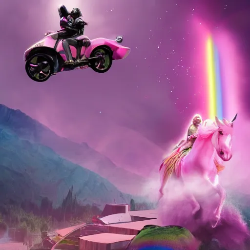 Prompt: beautiful matte painting, rainbow colored pink pink darth vader wearing pink wearing pink, riding a unicorn, riding a unicorn, riding a unicorn over a glittering rainbow in space by lisa frank and dan mumford, octane render, HDR, vivid color, volumetric lighting, unreal engine, concept art, CGsociety, trending on artstation