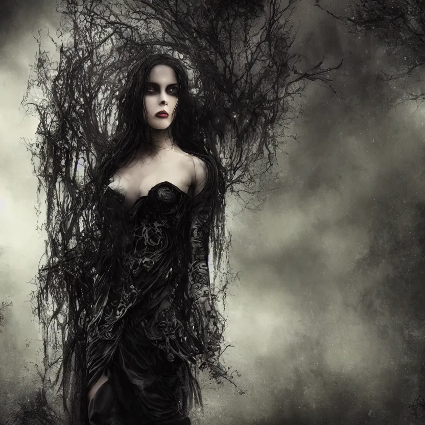 Image similar to stunning otherworldly Gothic goddess of beauty, dark and mysterious, atmospheric, ominous, eerie, cinematic, Epic, 8k, 4k, ultra detail, ultra realistic, rendered by awesomeness