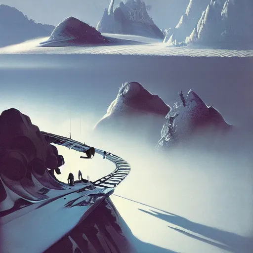 Image similar to Frozen frontiers on an alien planet, floating mountains above clouds in the background, vanishing perspective of a road, ravine, Syd Mead, John Harris, Federico Pelat,