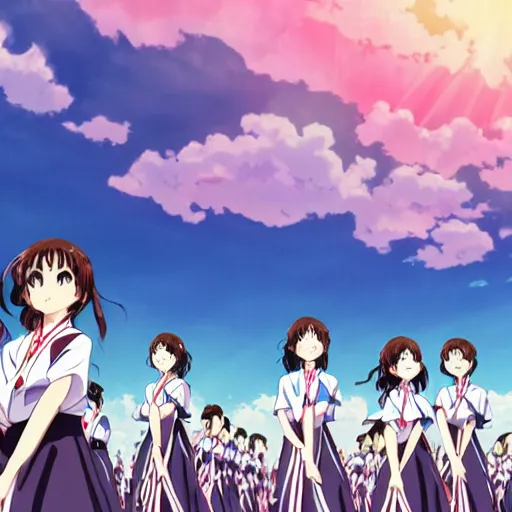 Prompt: kumiko Oumae in Anime style Surrounded by a field of Euphoniums during a partly cloudy sunset featuring Reina Kousaka