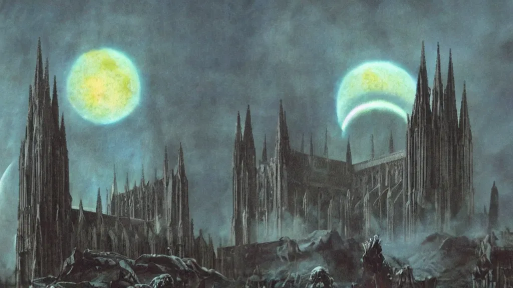 Image similar to eerie atmospheric alien planet with a cathedral like rocket by jack gaughan and bob eggleton and chris moore, epic cinematic matte painting