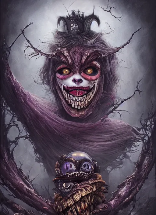 Image similar to Angry Queen of Hearts with Cheshire Cat, Death Tarot card,highly detailed,half skull face,cinematic,8k,by Stanley Artgermm,Tom Bagshaw,Greg Rutkowski,Carne Griffiths, Ayami Kojima, Beksinski, Giger,trending on DeviantArt,hyper detailed,horror, full of colour