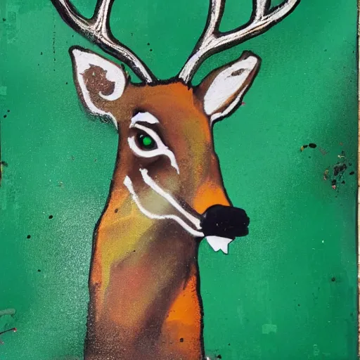 Image similar to deer with a cigarette in its mouth and thick smoke coming out of the cigarette, abstract, thick paint, painterly, brown and green palette, dripping paint