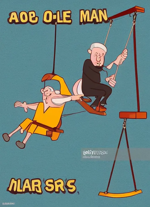 Image similar to an old man on a swing with a plane on top of him, a cartoon by rube goldberg, trending on shutterstock, neoism, poster art, isometric, 2 d