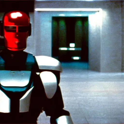 Prompt: Jodorowsky's Robocop, cinema still, wide angle, cinestill 400t film