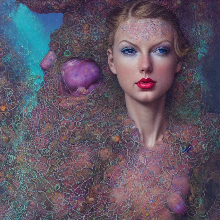 Prompt: Hyperrealistic intensely colored close up studio Photograph portrait of a deep sea bioluminescent Taylor Swift covered in chromatophores, symmetrical face realistic proportions eye contact, sitting in Her throne underwater, award-winning portrait oil painting by Norman Rockwell and Zdzisław Beksiński vivid colors high contrast hyperrealism 8k