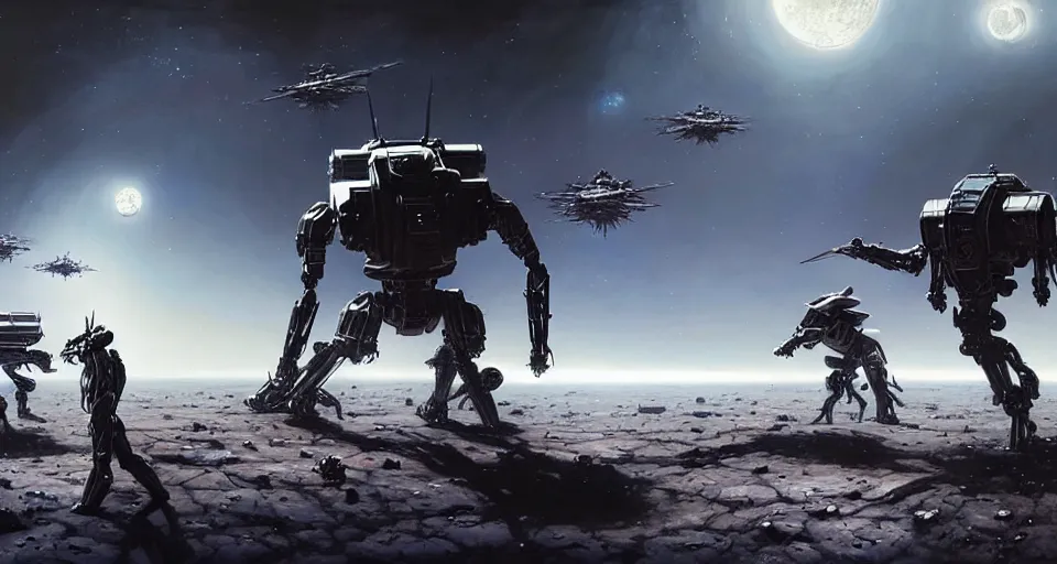 Image similar to hyper realistic sci - fi matte concept art painting of humanoid battlemechs fighting on the moon, guns, missiles, explosions, beautiful details, strong composition painted by kim jung guweta studio rutkowski, james gurney and greg rutkowski, and lucasfilm, smooth, intricate, detailed, sharp focus, cinematic