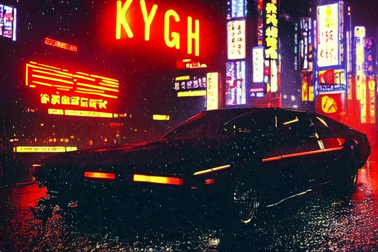 Image similar to a single knight rider, speeding down tokyo highway in the rain, night time, neon lights, thunderstorm, movie still from the film bladerunner