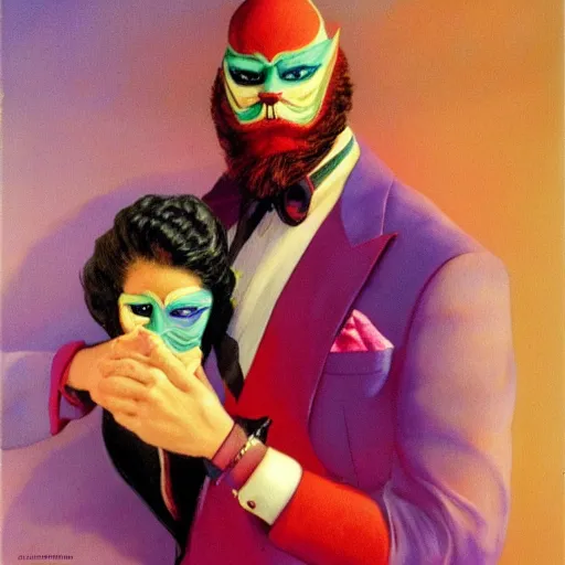 Prompt: a red bearded man wearing a purple luchadore mask and tuxedo, highly detailed, masterpiece, fantasy, pulp, illustrated, art by boris vallejo