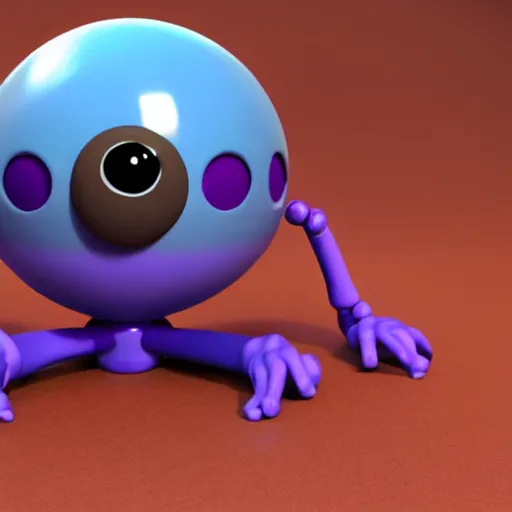 Image similar to photo of a clay model of character with large spherical purple head and tiny eyes with comically tiny body and spindly limbs leans close to the camera, fish eye lens, 4 k, hyper realistic, hyper detailed face, octane render, comedic, cute