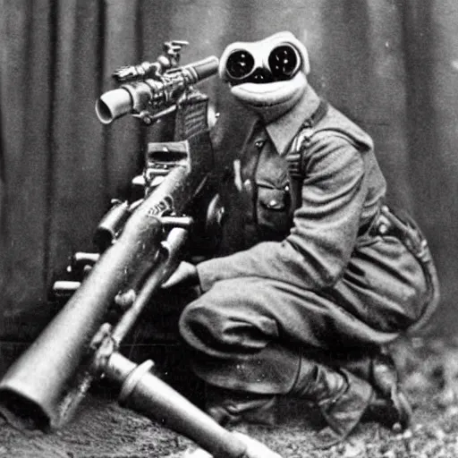 Prompt: old wartime photograph of crazy frog holding a lewis gun, 1 9 1 7