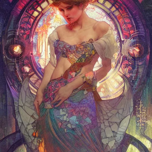 Prompt: cuberpunk, carving on southern ice porcelain , overdetailed art, by greg rutkowski, by Alfons Mucha, complementing colors, magic, colorful lights, fireflies, detailed illustration