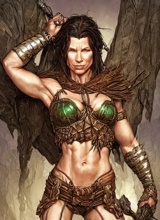 Prompt: very muscled Amazon elf Evangeline Lilly as a ruggedly mean looking heroine, intricate, elegant, highly detailed, centered, digital painting, artstation, concept art, smooth, sharp focus, illustration, art by artgerm and donato giancola and Joseph Christian Leyendecker, WLOP