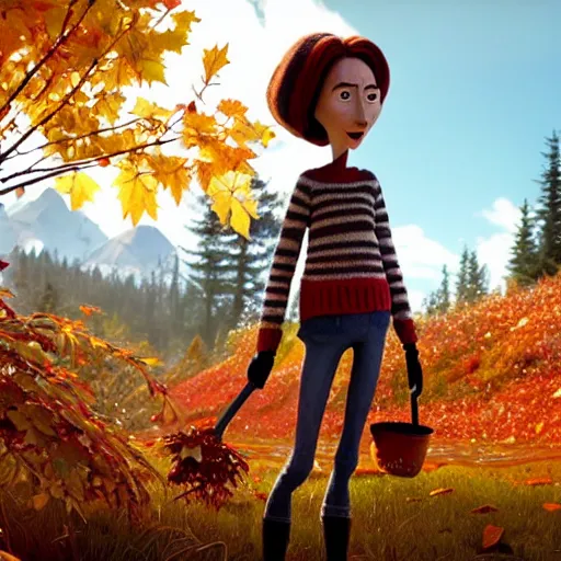 Prompt: a stopmotion animation character, a beautiful canadian woman, gardening, very attractive, some dark grey hair, stripey jumper, denim jeans, doc marten boots, canadian maple leaves, mountains, autumn, unreal engine 5, 8 k, kubo and the two strings, jan svankmayer, disney, pixar,