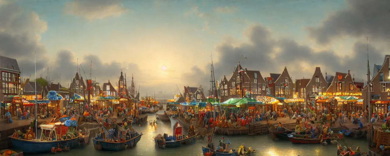 Prompt: a miniature diorama of a fishing village, by kevin sloan, harbour, colorful, busy crowds, fish market stalls, fairground rides, boats, calm sea, dutch masters, very detailed, octane render, cinematic lighting, 8 k, hd