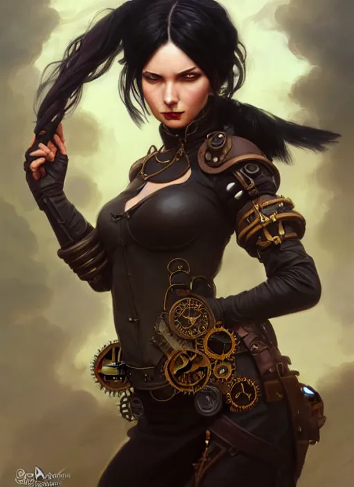 Image similar to a _ fantasy _ style _ portrait _ painting _ of steampunk woman, ponytail black hair, round face, rpg dnd oil _ painting _ unreal _ 5 _ daz. _ rpg _ portrait _ extremely _ detailed _ artgerm _ greg _ rutkowski _ greg