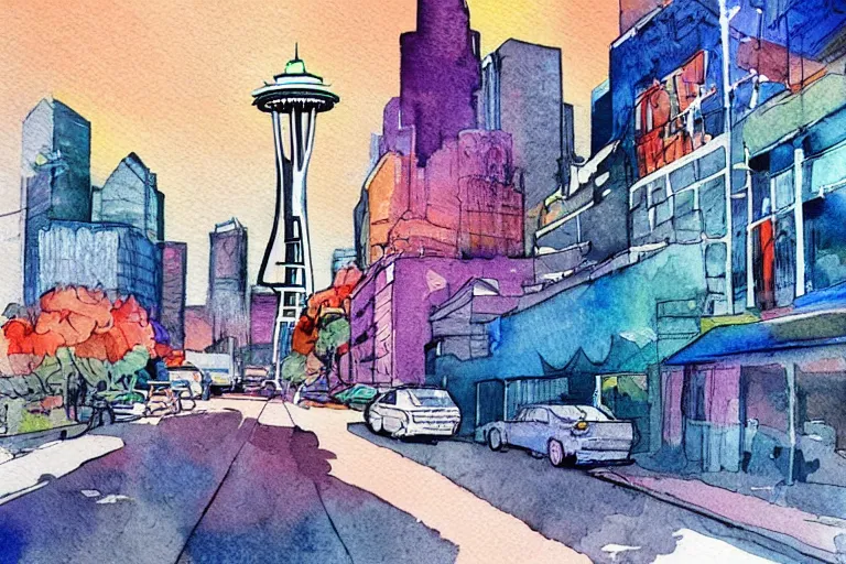 Image similar to !! watercolor!! seattle in a sunny day, artwork by tooth wu, colorful contrast,!!!! very coherent!!!!, dark shadow, thick lineart