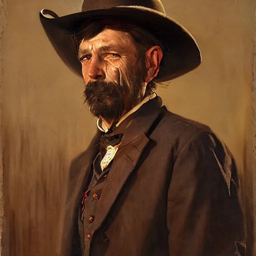 Prompt: Solomon Joseph Solomon and Richard Schmid and Jeremy Lipking victorian genre painting portrait painting of Royal Dano a rugged cowboy gunfighter old west character in fantasy costume, red background