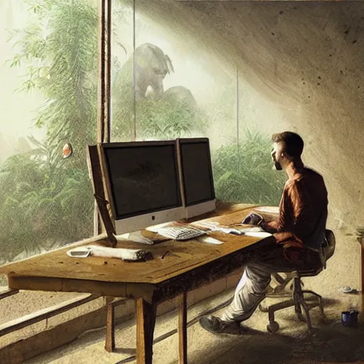 Image similar to a man sitting at a computer, as jungle animals come out of the wall, painting by Greg Rutkowski