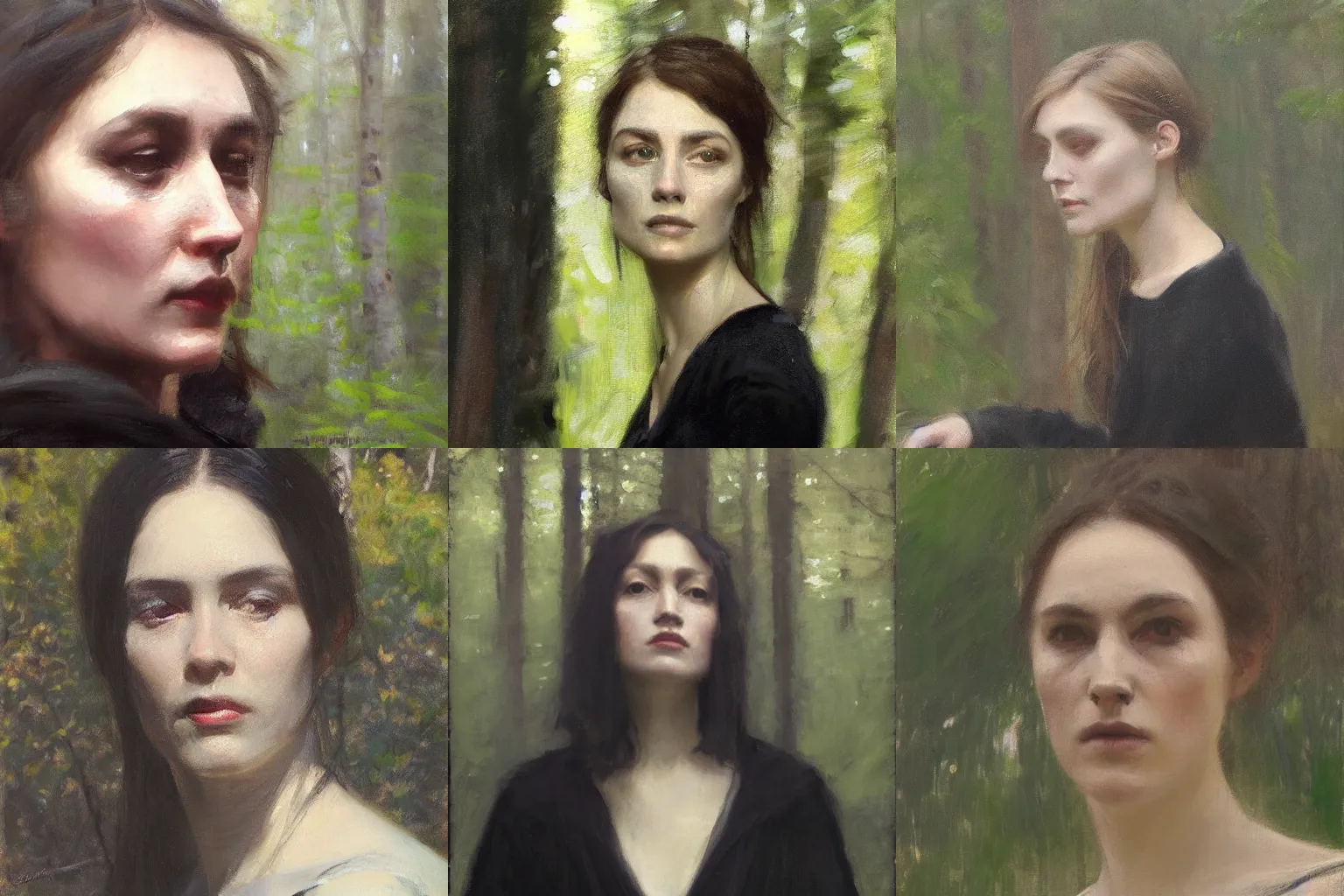 Prompt: woman wearing a black dress in a forest, by jeremy lipking, close up realistic face