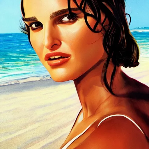 Prompt: Natalie Portman as a Bond girl at the beach, Joe Jusko, artstation, 8k photography