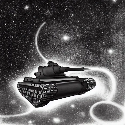 Image similar to a battle tank blasting with yin - yang black and white daoist paint, in a cosmic field