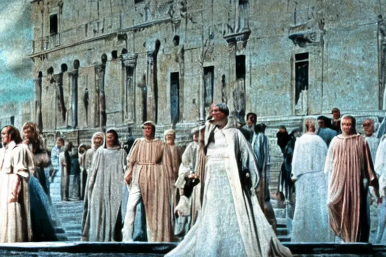 Image similar to a scene from the movie la felicita ( 1 9 7 1 ) by luchino visconti with mastroianni entering a city reminiscent of the ideal city by piero della francesca. technicolor, cinematic, 5 0 mm, highly detailed