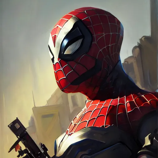 Image similar to greg manchess portrait painting of armored spiderman as overwatch character, medium shot, asymmetrical, profile picture, organic painting, sunny day, matte painting, bold shapes, hard edges, street art, trending on artstation, by huang guangjian, gil elvgren, ruan jia, greg rutkowski, gaston bussiere