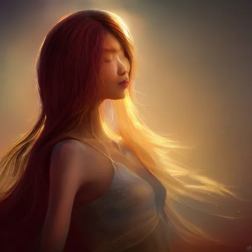 Image similar to a thin, pretty young Filipino woman with long hair floats in a dream world, beautiful dramatic lighting, abstract, trending on artstation