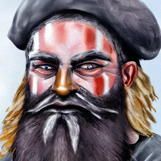 Prompt: black beard viking, with viking paint on his face, photorealistic painting