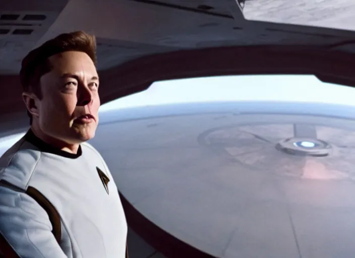 Image similar to captain elon musk of the uss enterprise, star trek, movie still, high quality, heroic, epic lighting, cinema, cinematography, directed by michael bay