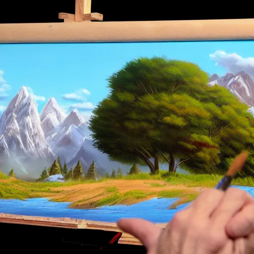 Image similar to a closeup photorealistic photograph of bob ross working on a canvas painting of the cookie monster. film still. brightly lit scene. mountains and trees. this 4 k hd image is trending on artstation, featured on behance, well - rendered, extra crisp, features intricate detail, epic composition and the style of unreal engine.