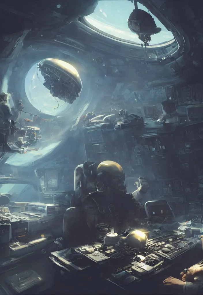 Image similar to a spaceship pilot with black beard working on a computer, painting by Craig Mullins, octane rendering, soft morning lighting, wide angle lens, in the style of Hayao Miyazaki, trending on artstation,